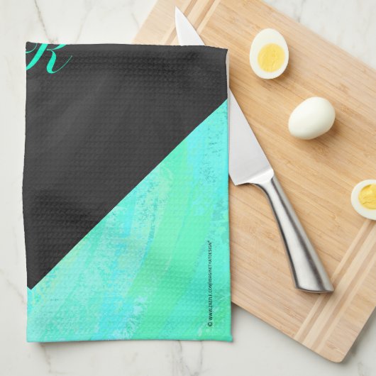 Mint Ice Blue en Black Monogram Theedoek (Quarter Fold)