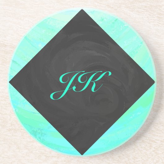 Mint Ice Blue en Black Monogram Zandsteen Onderzetter (Voorkant)