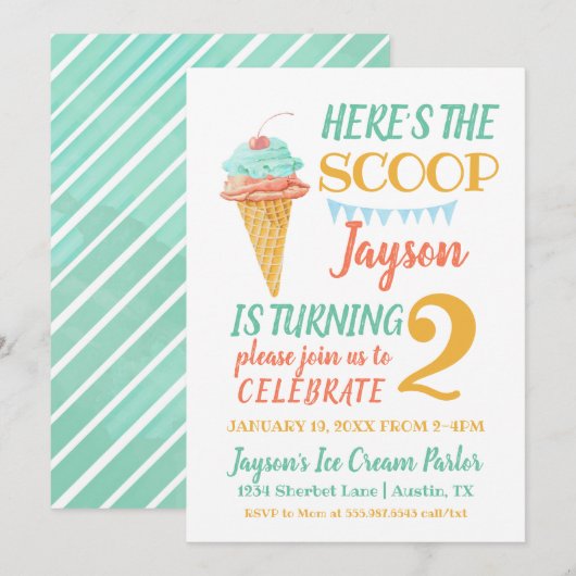 Mint Ice Cream Birthday Invitation Sjabloon Kaart (Voorkant / Achterkant)