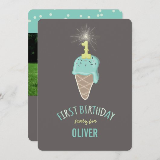 Mint Ice Cream Sparkler Een Jongen 1e Verjaardagsf Kaart (Voorkant / Achterkant)