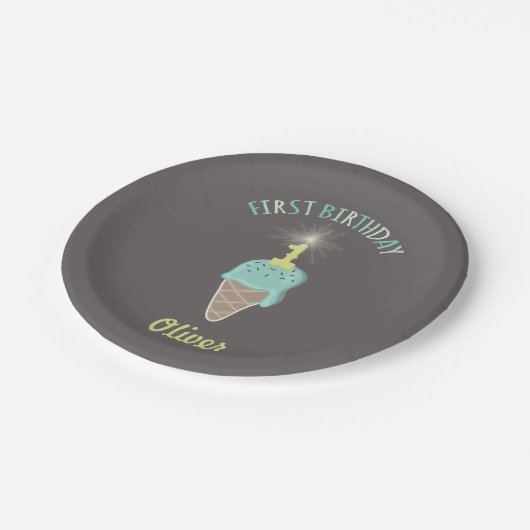 Mint Ice Cream Sparkler Jongen 1e Verjaardagsfeest Papieren Bordje (Gekanteld)