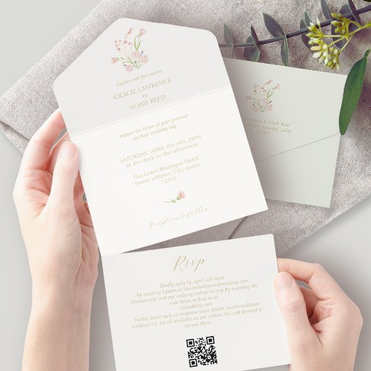Mint & Ivoor Floral Wildflower Roos Wedding Alles  All In One Uitnodiging
