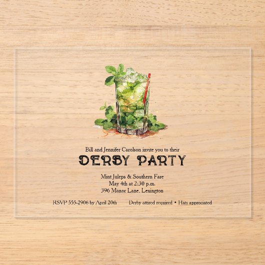 Mint Julep Derby Party Acryl Uitnodigingen (Voorkant)