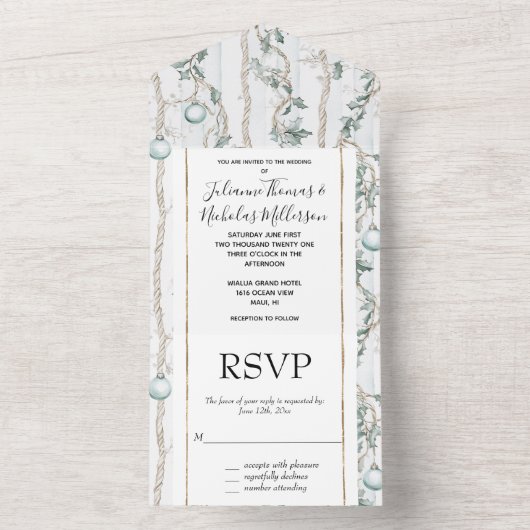 Mint Kerst Ornamenten bruiloft All In One Uitnodiging (Binnen)