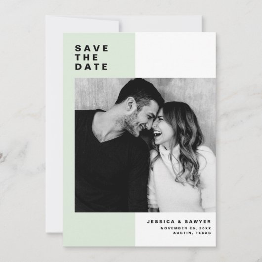 Mint kleur blok met moderne typografie foto save the date (Voorkant)