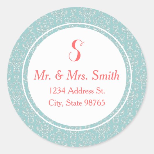 Mint koraal ronde damast adres label Sticker (Voorkant)