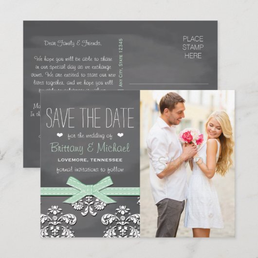 Mint Krijtbord Kant Bow Save the Date Briefkaart (Voorkant / Achterkant)