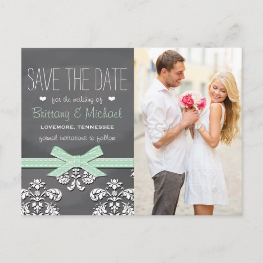 Mint Krijtbord Kant Bow Save the Date Briefkaart (Voorkant)