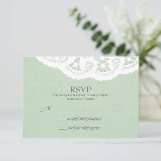 Mint Lace Doily Bruiloft RSVP (Staand voorkant)