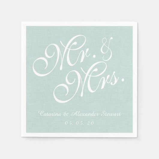 Mint Linen Mr. en Mrs. Wedding Paper Napkins Servet (Voorkant)