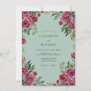 Mint Magenta Ranunculus Grijs Eucalyptus Bruiloft Kaart