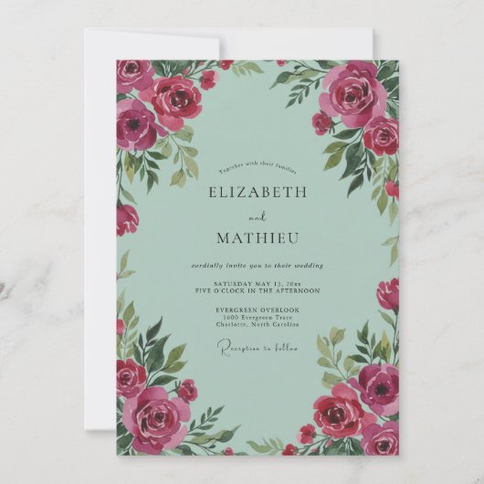 Mint Magenta Ranunculus Grijs Eucalyptus Bruiloft Kaart (Voorkant)