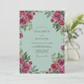 Mint Magenta Ranunculus Grijs Eucalyptus Bruiloft Kaart (Staand voorkant)