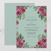 Mint Magenta Ranunculus Grijs Eucalyptus Bruiloft Kaart (Voorkant / Achterkant)