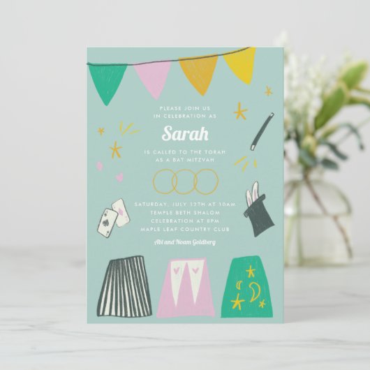 Mint Magic Show Bar Bat Mitzvah Uitnodiging (Staand voorkant)