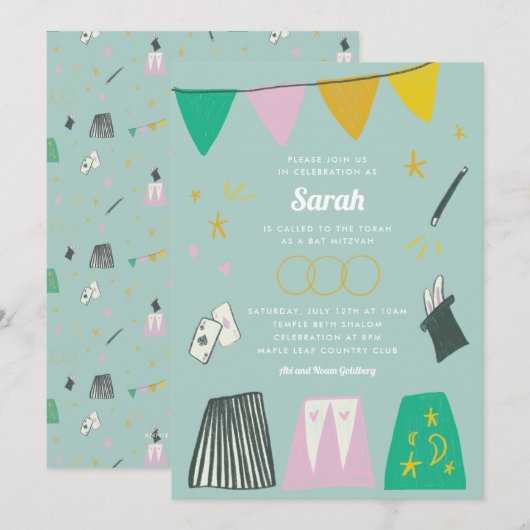 Mint Magic Show Bar Bat Mitzvah Uitnodiging (Voorkant / Achterkant)