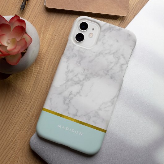 Mint Marble Pattern en Faux Gold Foil Case-Mate iPhone Case