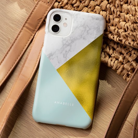 Mint Marble Pattern en Faux Gold Foil Case-Mate iPhone Case