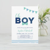 Mint & marine | Modern Typografie Boy Baby shower Kaart (Staand voorkant)