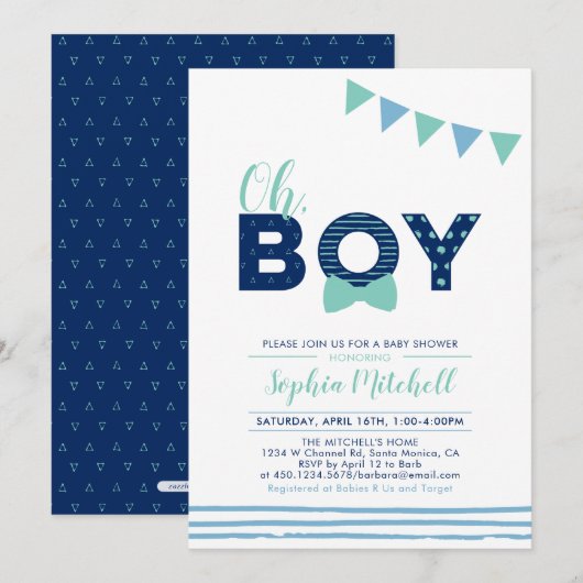 Mint & marine | Modern Typografie Boy Baby shower Kaart (Voorkant / Achterkant)