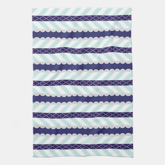 Mint, marineblauw, wit geometrisch gestreept patro theedoek (Verticaal)