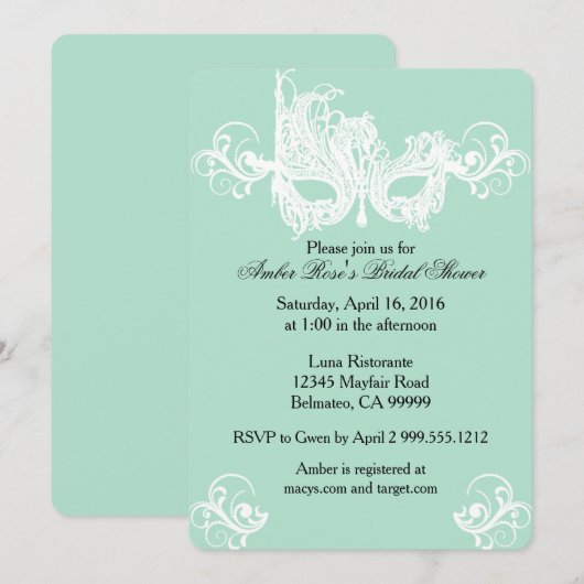 Mint Masquerade Bridal Shower Uitnodiging (Voorkant / Achterkant)