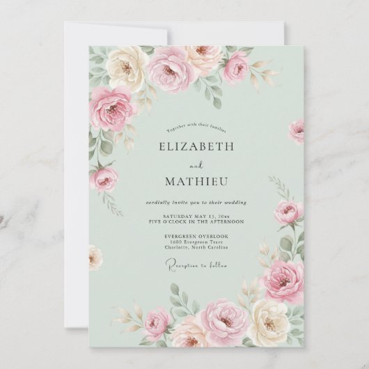 Mint Mauve Bloemblad Bruiloft Kaart (Voorkant)