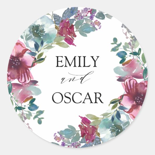 Mint & Mauve Waterverf Floral Wedding Ronde Sticker (Voorkant)