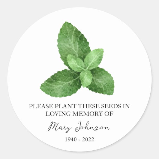 Mint Memorial Funeral Seed Packet Ronde Sticker (Voorkant)