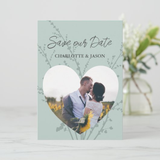Mint Modern Foto Hart Frame Save The Date Kaart (Staand voorkant)