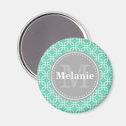 Mint Modern Squares Pattern Gray Monogram Magneet (Voorkant / Achterkant)