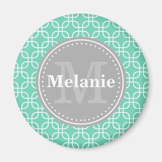 Mint Modern Squares Pattern Gray Monogram Magneet (Voorkant)