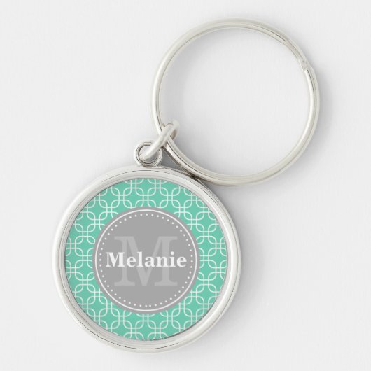 Mint Modern Squares Pattern Gray Monogram Sleutelhanger (Voorkant)