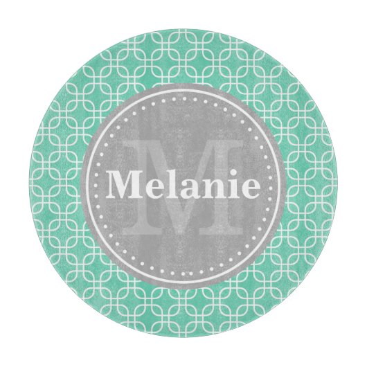 Mint Modern Squares Pattern Gray Monogram Snijplank (Voorkant)