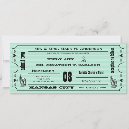 Mint  Modern Typografie Ticket Wedding Kaart (Voorkant)