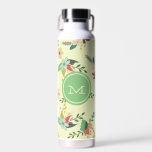 Mint Monogram Floral Waterfles<br><div class="desc">modern bloempatroon op beige met monogram groene munt.</div>