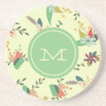 Mint Monogram Floral Zandsteen Onderzetter<br><div class="desc">modern bloempatroon op beige met monogram groene munt.</div>