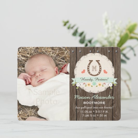 Mint Monogram Hoefijzer Westerne geboorteaankondig Aankondiging (Staand voorkant)