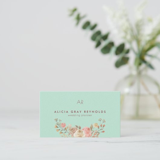 Mint Monogram Waterverf Bloemen Bruiloft Planner Visitekaartje (Staand voorkant)