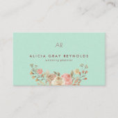 Mint Monogram Waterverf Bloemen Bruiloft Planner Visitekaartje (Voorkant)