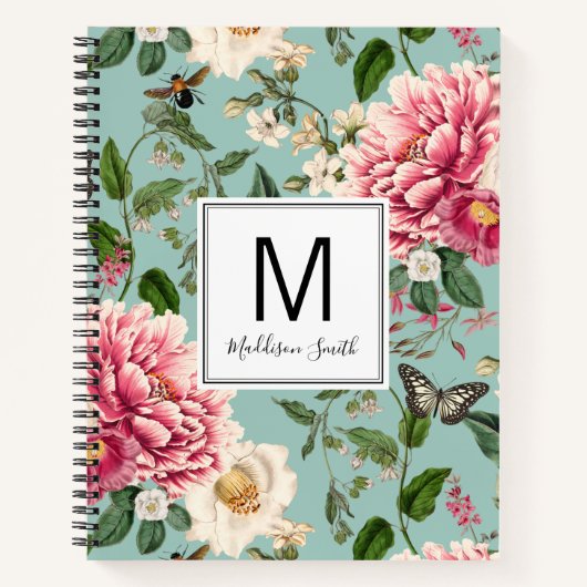 Mint Monogrammed Country Garden Floral Pattern Notitieboek (Voorkant)