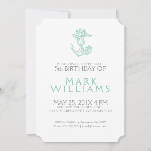 Mint Nautical Floral Anchor Birthday Party nodigt Kaart (Voorkant)