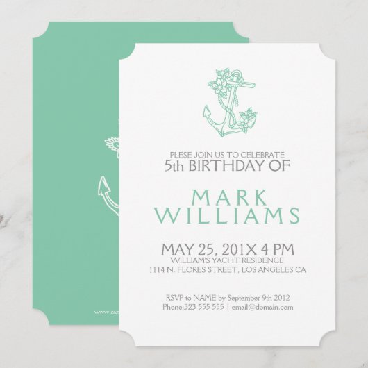Mint Nautical Floral Anchor Birthday Party nodigt Kaart (Voorkant / Achterkant)