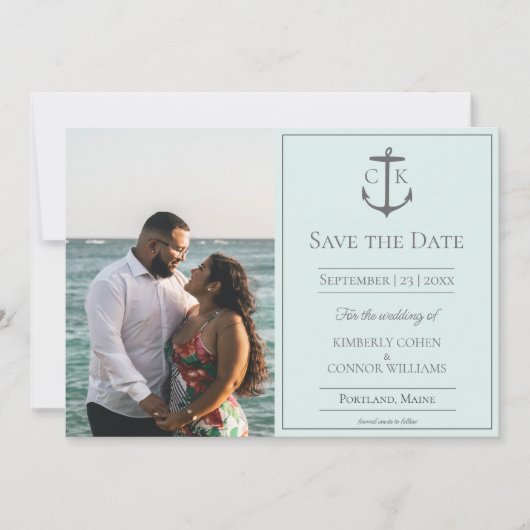 Mint Nautical Monogram Foto Opslaan van de Datum Save The Date (Voorkant)