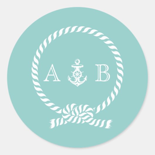Mint Nautical Rope en Anchor Monogram Ronde Sticker (Voorkant)