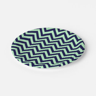 Mint, Navy Blue Large Chevron ZigZag Pattern Papieren Bordje