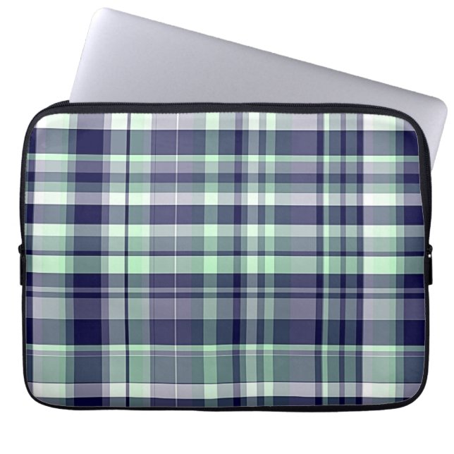 Mint, Navy Blue, White Preppy Madras Pset Laptop Sleeve (Voorkant)