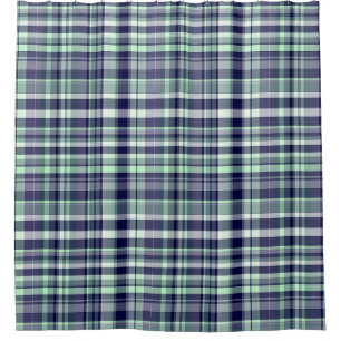 Mint, Navy Blue, Witte Preppy Madras Plaid Douchegordijn