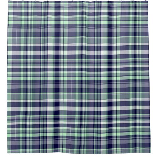 Mint, Navy Blue, Witte Preppy Madras Plaid Douchegordijn (Voorkant)