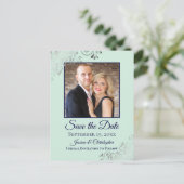 Mint & Navy Frilly Bruiloft Bewaar de datum Foto Aankondigingskaart (Staand voorkant)